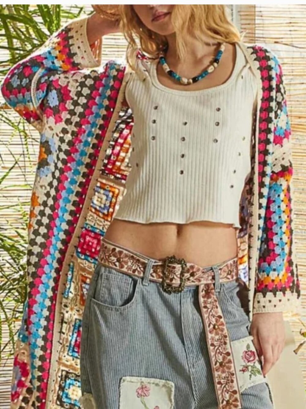 POL Multicolor Granny Square Crochet Duster Cardigan | Boho Festival